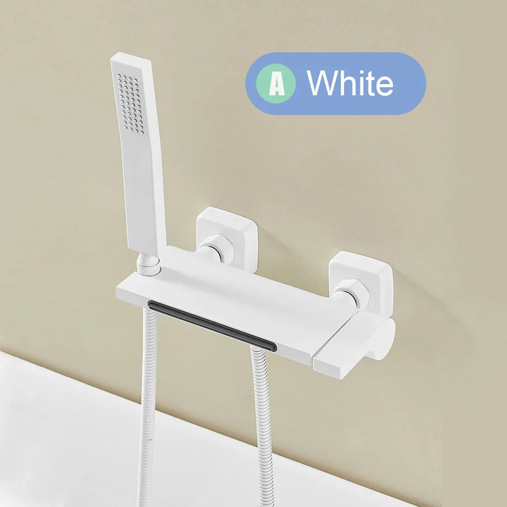 White Black Waterfall Bathtub Faucet With Handheld Shower Set