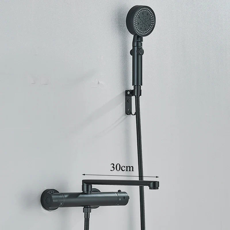 Thermostatic Bathtub Faucet Set Wall Mounted Black Chrome Shower Mixer