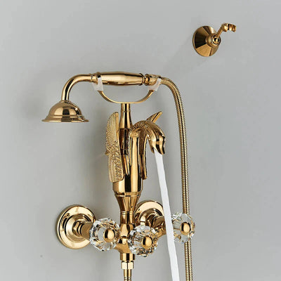 Gold Bathtub Faucet Swan Design With Crystal Handle And Hand Shower
