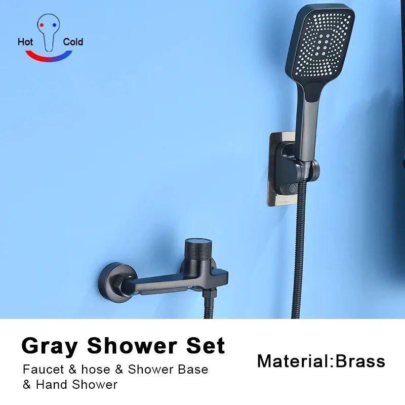 Gray Waterfall Bathtub Faucet With Brass Hand Shower Set