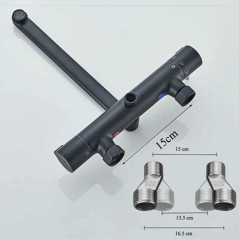 Thermostatic Bathtub Faucet Set Wall Mounted Black Chrome Shower Mixer