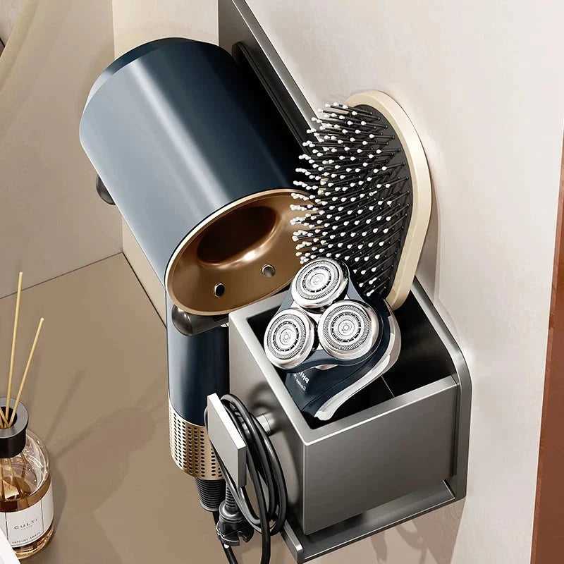 Wall-Mounted Hair Dryer Holder Shelf Bathroom Storage Rack Organizer