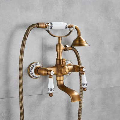 Antique Brass Bathtub Faucet Wall Mounted Dual Handle Tub Sink