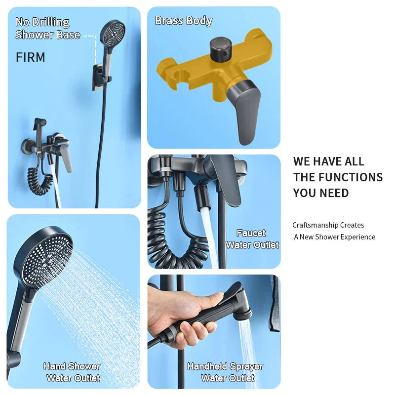 Gray Bathtub Faucet With Hand Shower And Handheld Sprayer Set