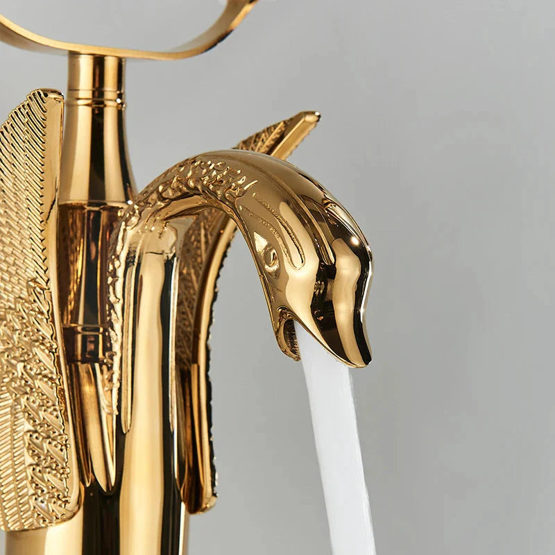 Gold Bathtub Faucet Swan Design With Crystal Handle And Hand Shower