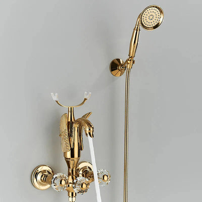 Gold Bathtub Faucet Swan Design With Crystal Handle And Hand Shower