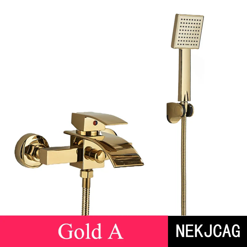 Gold Bathtub Faucet Wall Mounted Waterfall Hot Cold Mixer