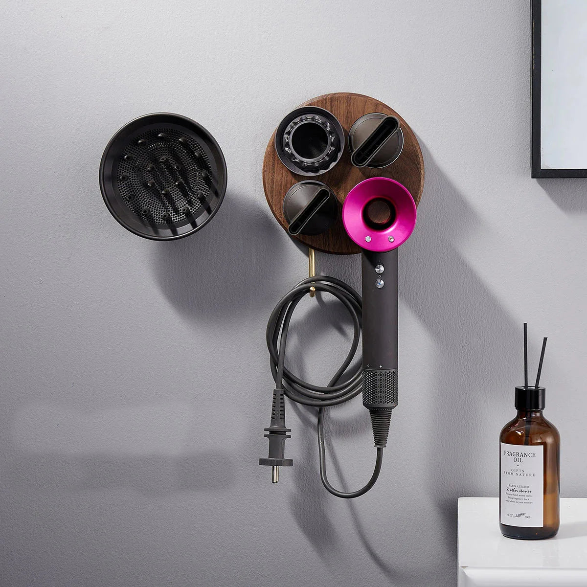 Wall Mounted Hair Dryer Storage Rack Copper Wood Organizer For Dyson