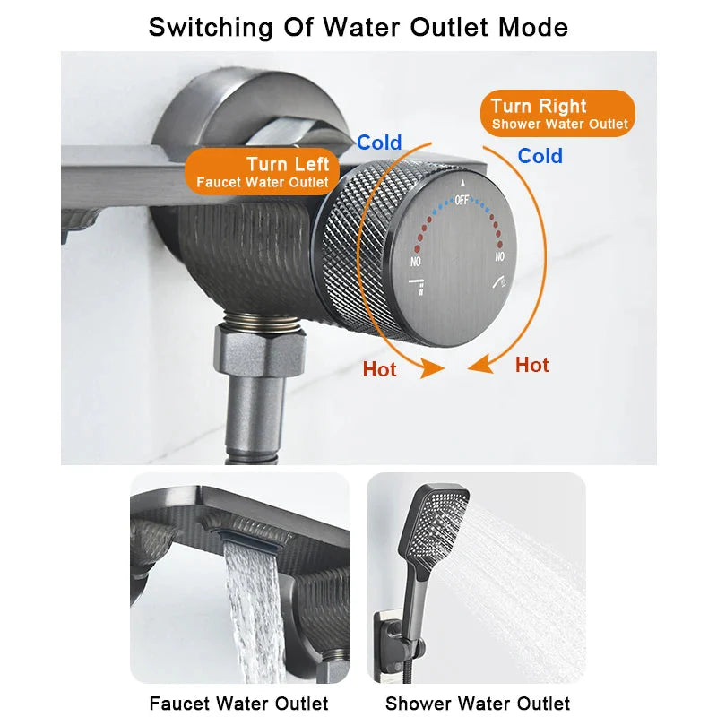 Gray Waterfall Bathtub Faucet Brass Chrome Wall Mount With Hand Shower