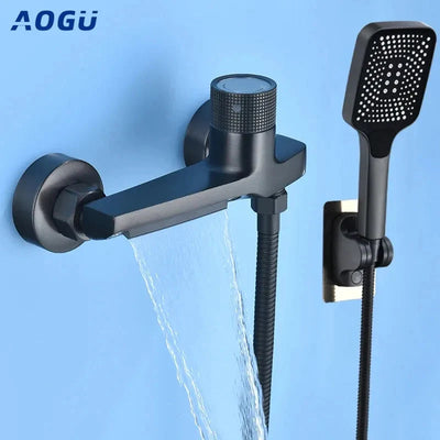 Gray Waterfall Bathtub Faucet With Brass Hand Shower Set