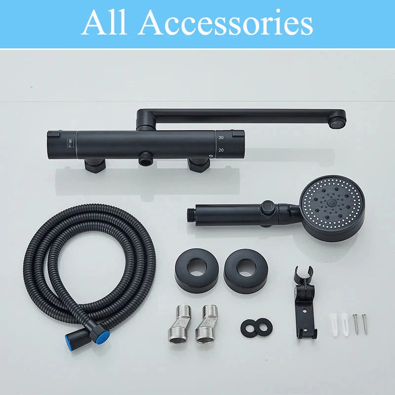 Thermostatic Bathtub Faucet Set Wall Mounted Black Chrome Shower Mixer