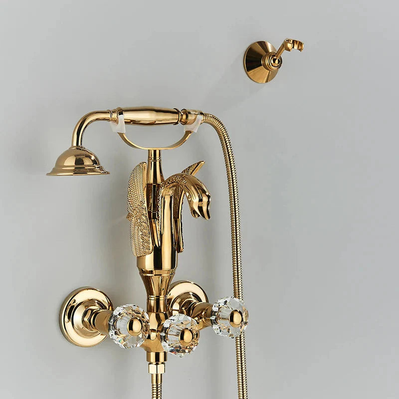 Gold Bathtub Faucet Swan Design With Crystal Handle And Hand Shower