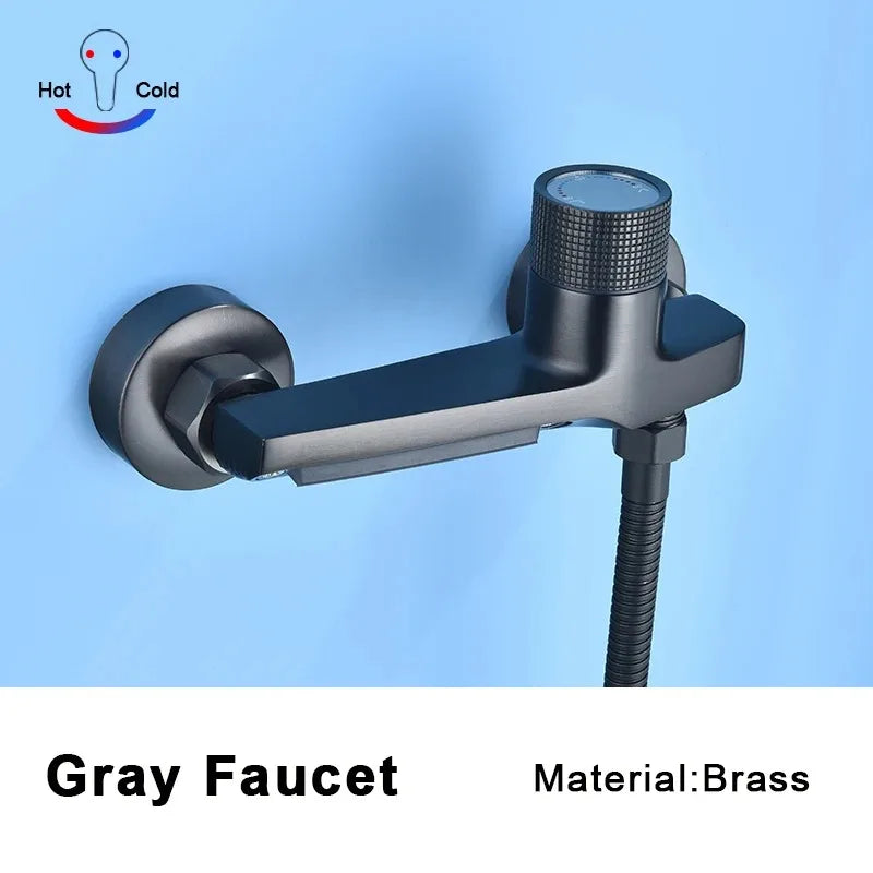 Gray Waterfall Bathtub Faucet With Brass Hand Shower Set