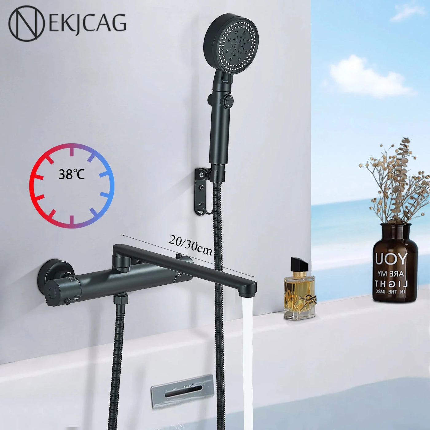 Thermostatic Bathtub Faucet Set Wall Mounted Black Chrome Shower Mixer