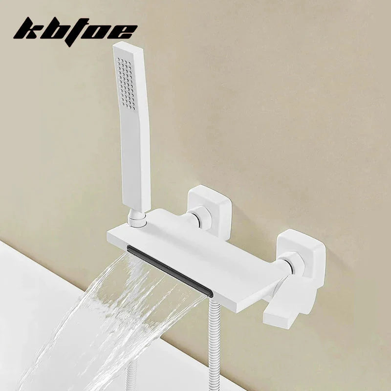 White Black Waterfall Bathtub Faucet With Handheld Shower Set