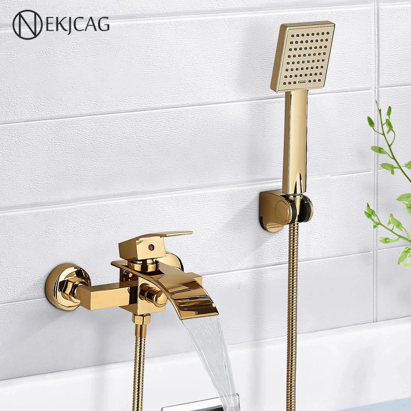 Gold Bathtub Faucet Wall Mounted Waterfall Hot Cold Mixer
