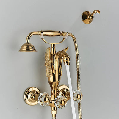 Gold Bathtub Faucet Swan Design With Crystal Handle And Hand Shower