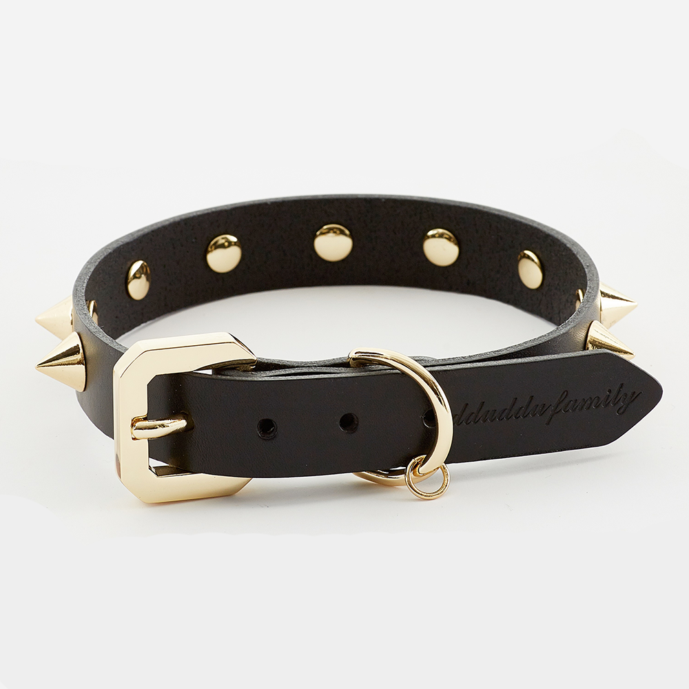 Golden Spike Leather Dog Collar Durable Stylish Black Design