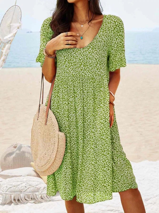 Women Floral Midi Dress Loose Fit Round Neck Elegant Design
