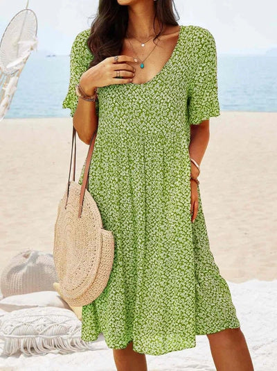 Women Floral Midi Dress Loose Fit Round Neck Elegant Design