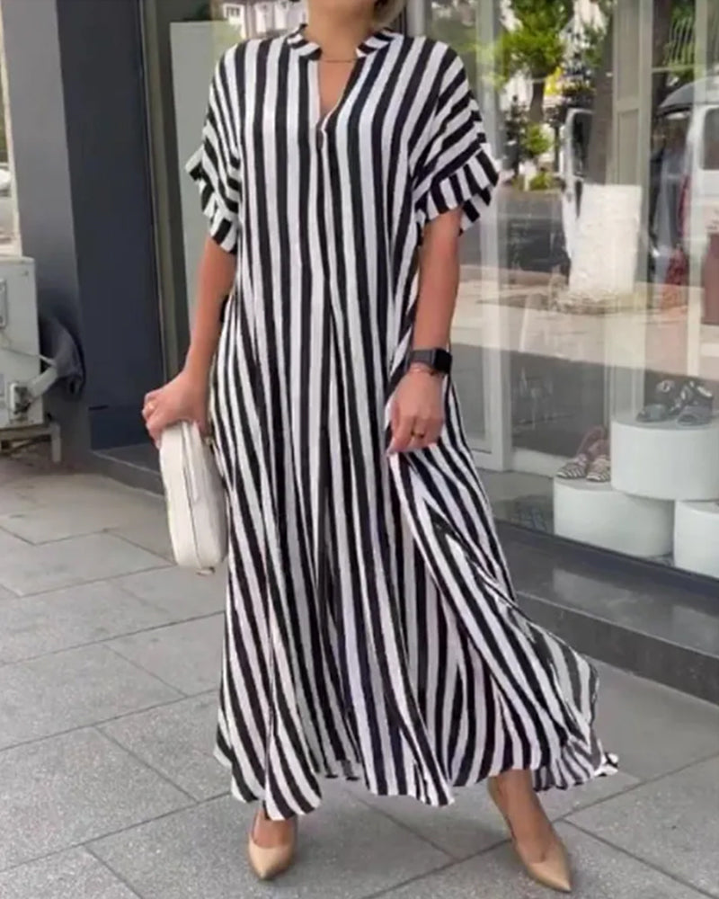 V-neck Shirt Dress Stripe Print Casual Elegant Summer Wear
