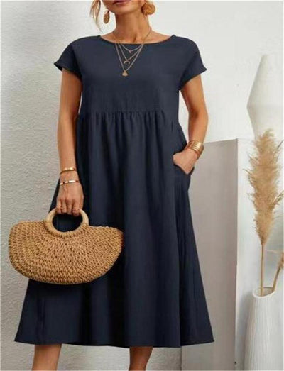 Cotton Linen Sleeveless Dress Loose Fit Solid Color With Pocket