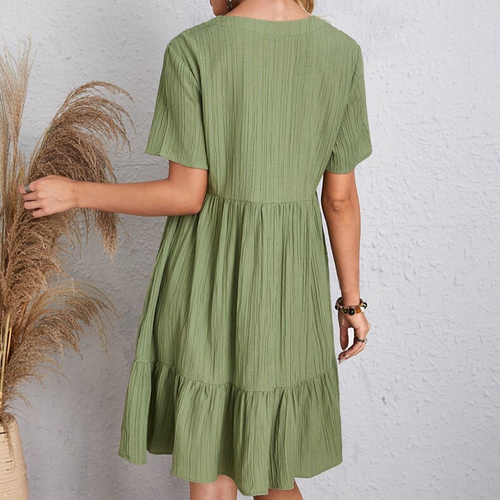 Retro Casual Dress V Neck Loose Fit Comfortable Summer Wear