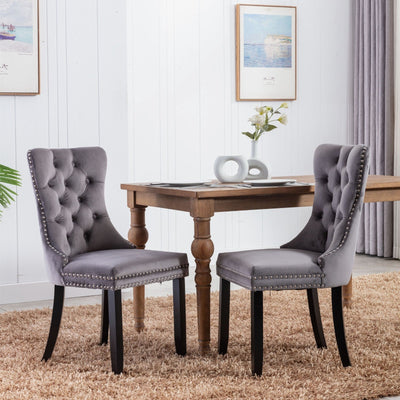 Velvet Dining Chair Set Plush Solid Wood Cushion Nailhead Trim