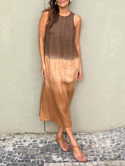 Women's Casual Sleeveless Cotton Linen Dress Long Tie-dye Gradient Slit