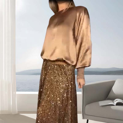 Women's Sequin Maxi Skirt Two-Piece Set Long Sleeve Top