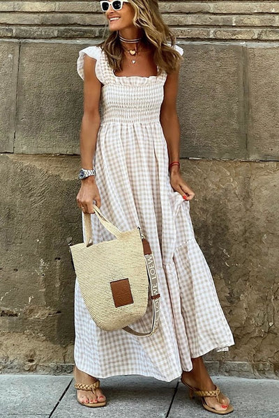 Singing Solo Maxi Dress Multi Plaid Smocked Bust Elegant Design