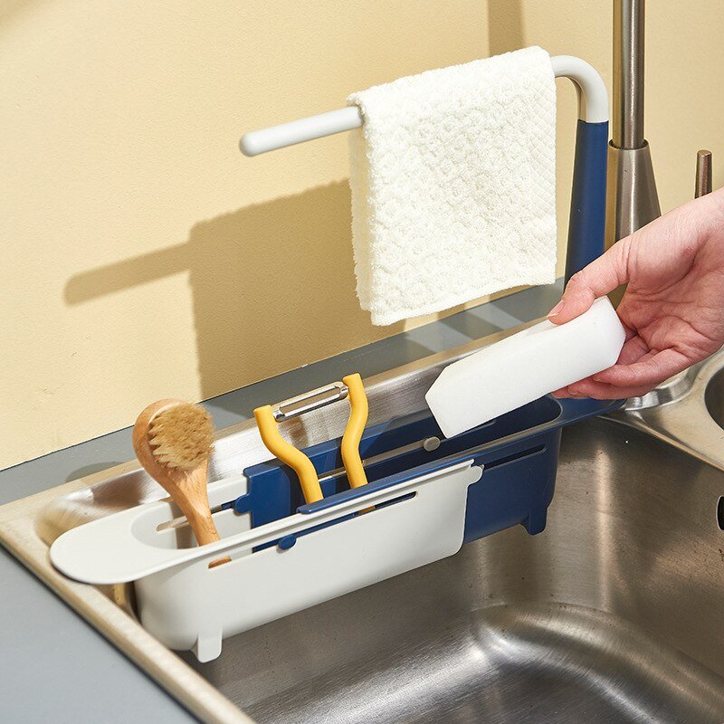 Adjustable Telescopic Sink Holder 2-in-1 Storage Rack With Dishcloth