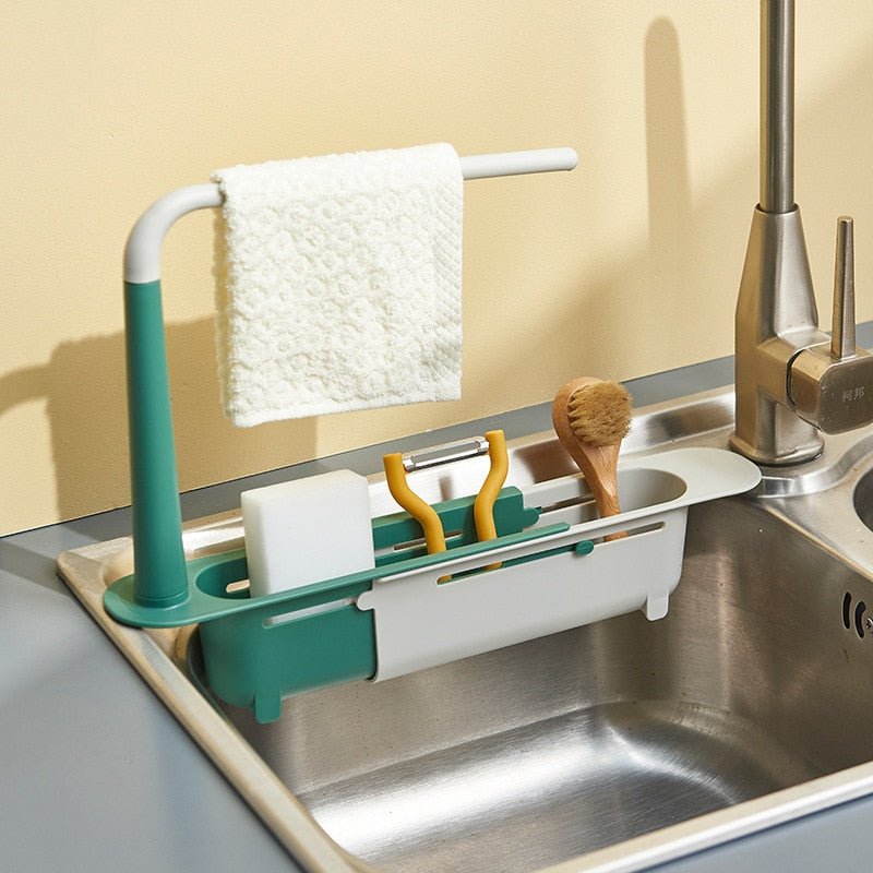 Adjustable Telescopic Sink Holder 2-in-1 Storage Rack With Dishcloth