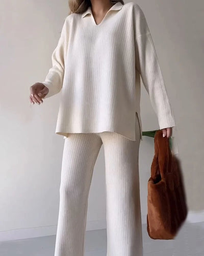 V Neck Casual Slit Knitted Two Piece Set For Women