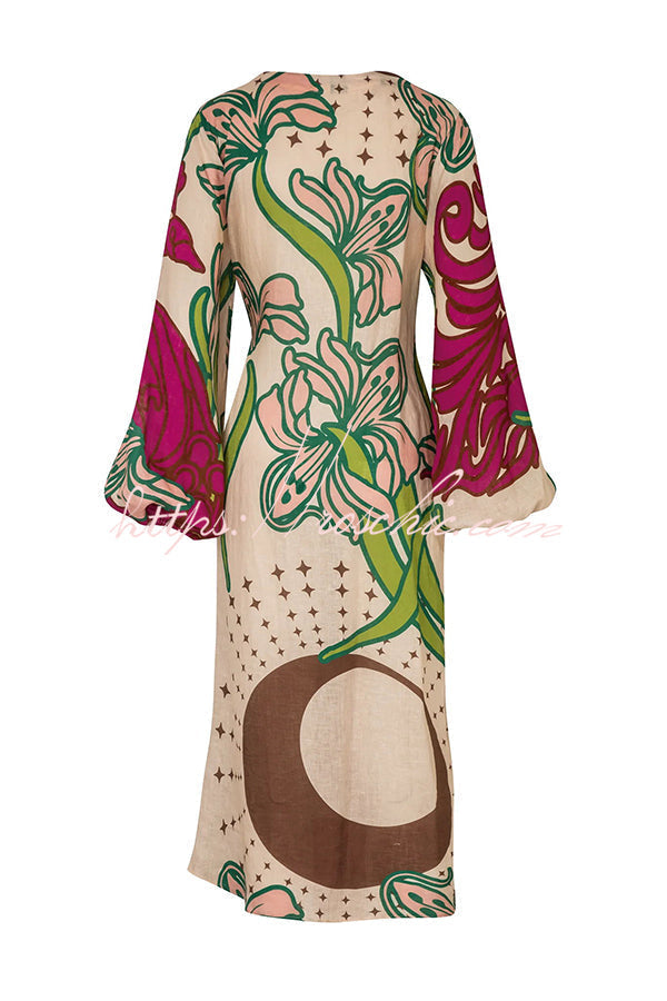 Tracey Unique Print Linen Blend Maxi Dress With Balloon Sleeves