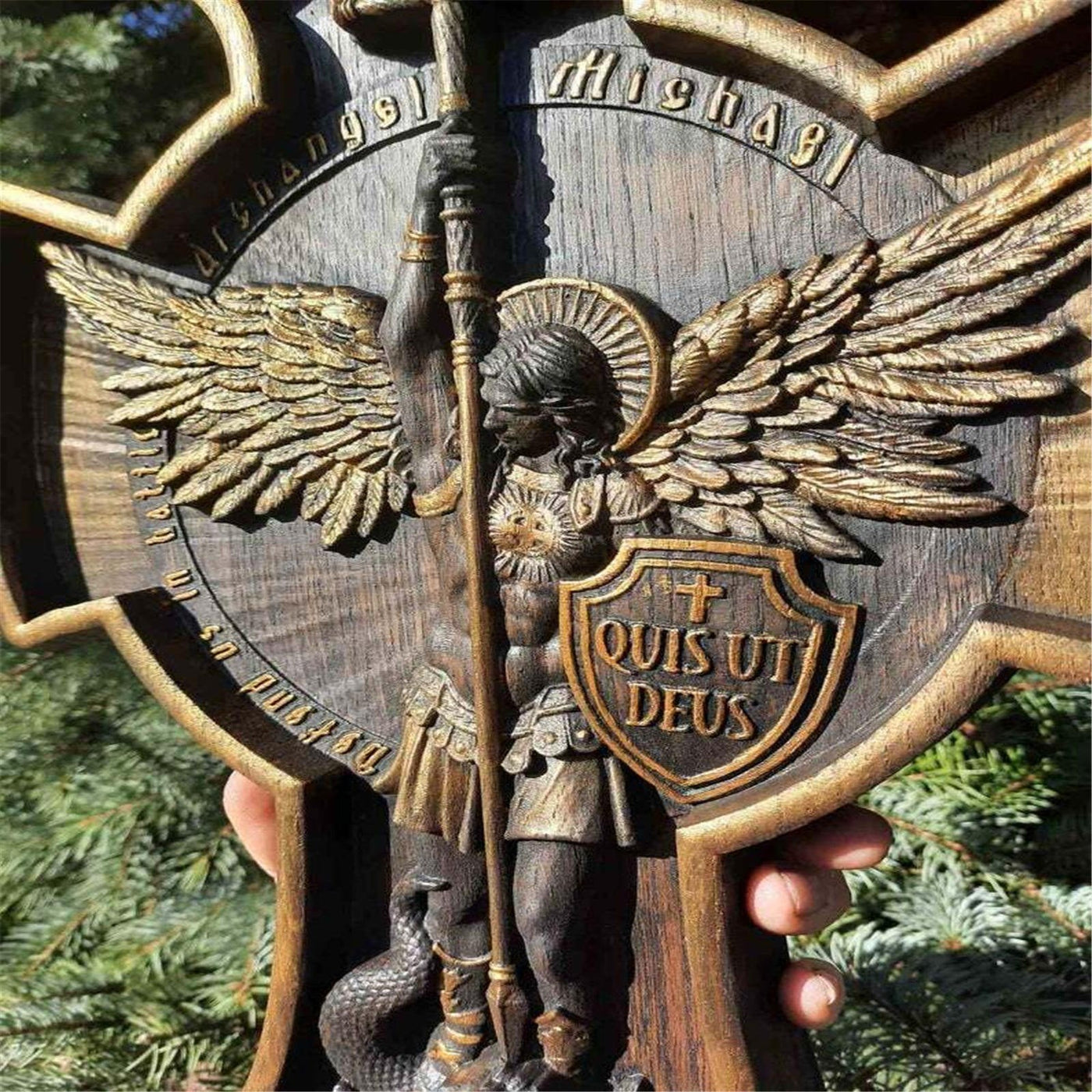 Archangel Michael Wood Statue Hand Carved Natural Wooden Sculpture
