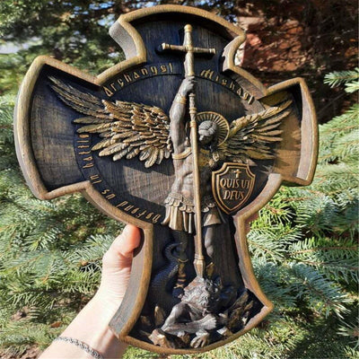 Archangel Michael Wood Statue Hand Carved Natural Wooden Sculpture