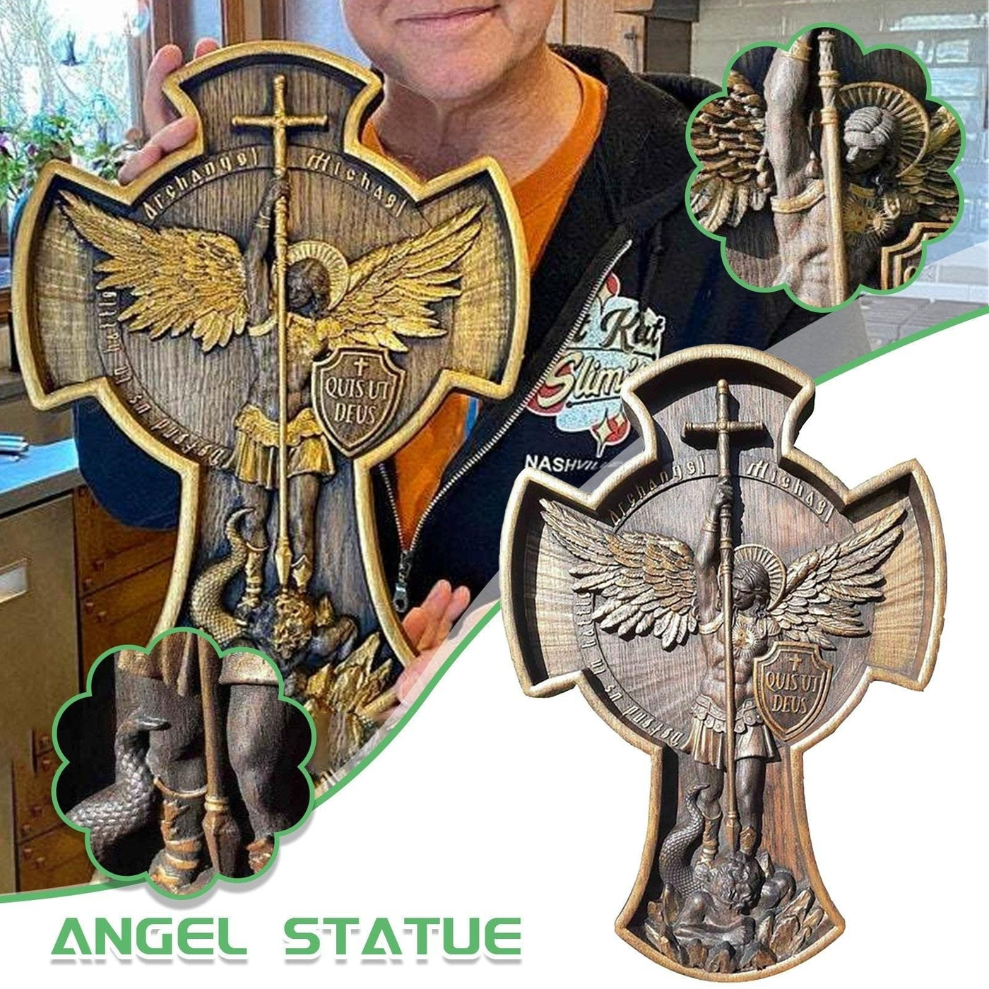Archangel Michael Wood Statue Hand Carved Natural Wooden Sculpture
