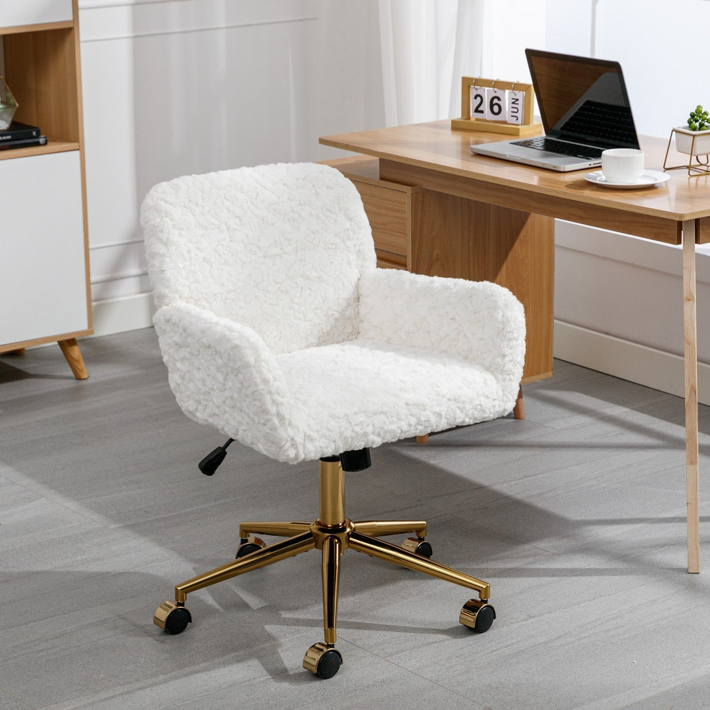 Plush Office Chair Beige Rotating Adjustable Gold Metal Base