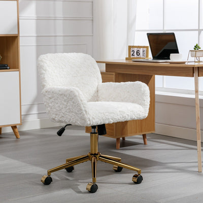 Plush Office Chair Beige Rotating Adjustable Gold Metal Base