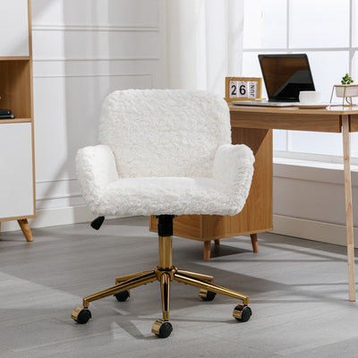 Plush Office Chair Beige Rotating Adjustable Gold Metal Base