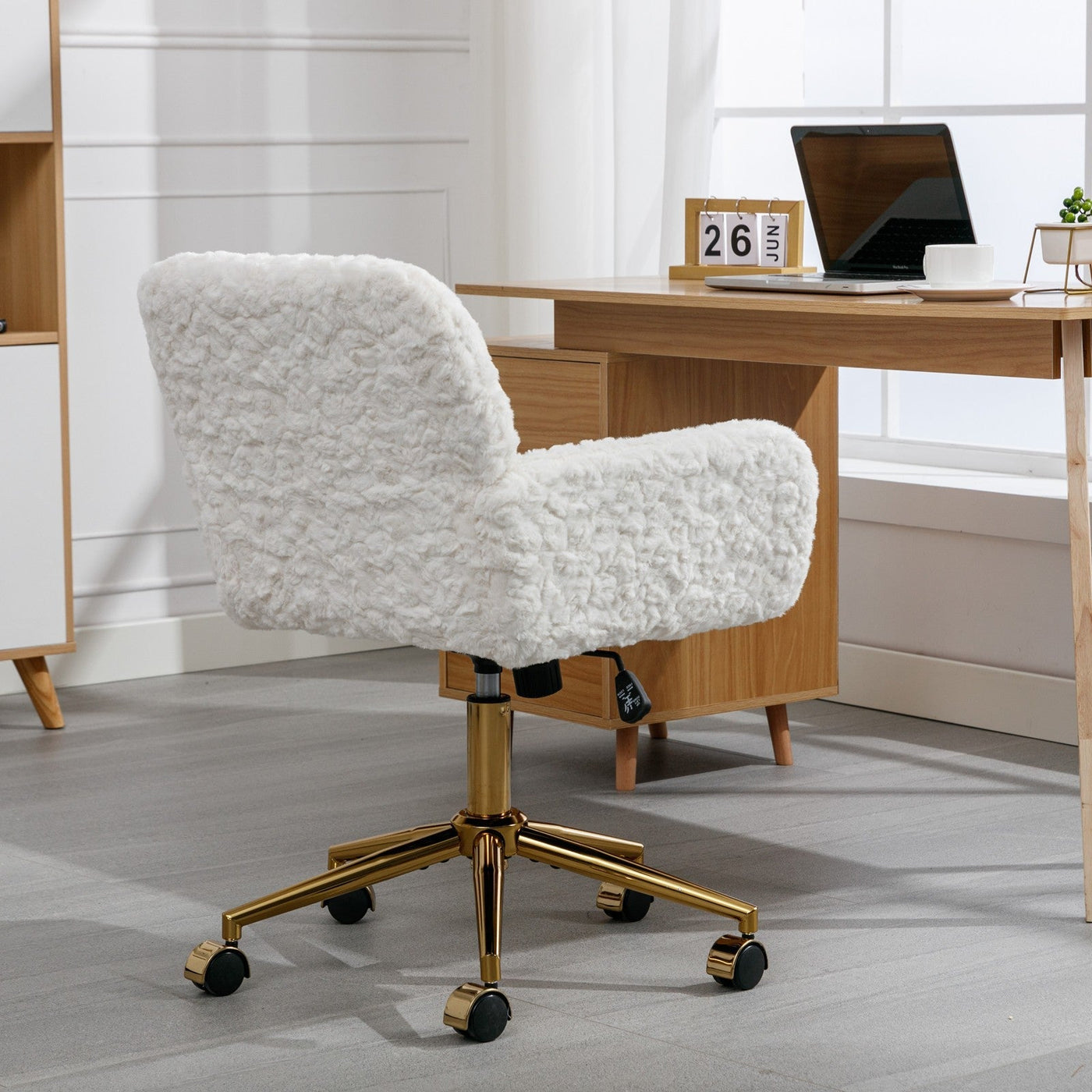 Plush Office Chair Beige Rotating Adjustable Gold Metal Base