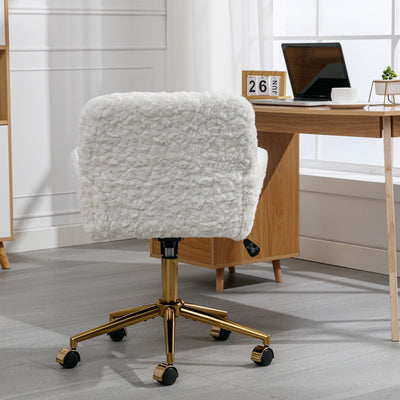 Plush Office Chair Beige Rotating Adjustable Gold Metal Base
