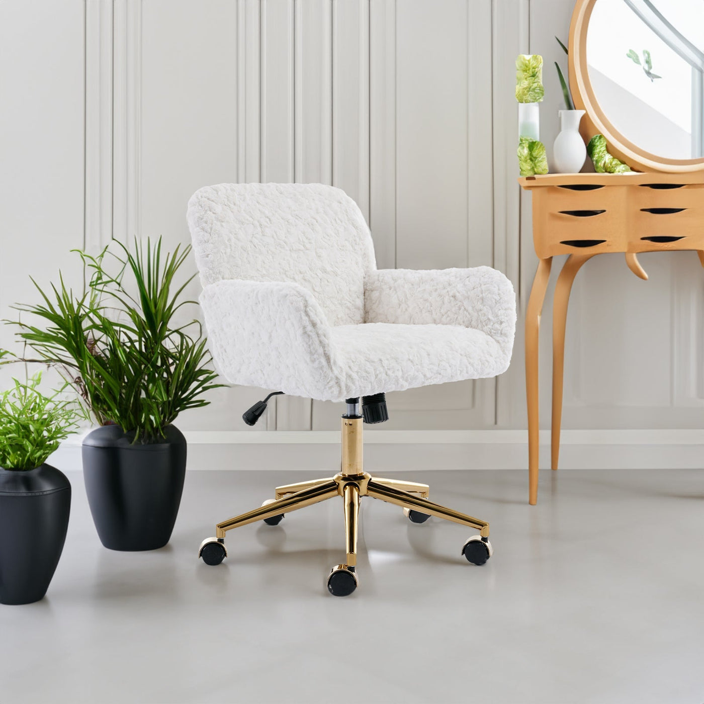 Plush Office Chair Beige Rotating Adjustable Gold Metal Base