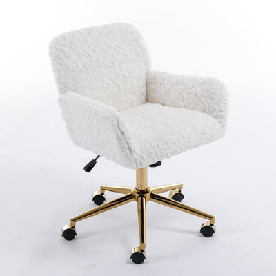 Plush Office Chair Beige Rotating Adjustable Gold Metal Base