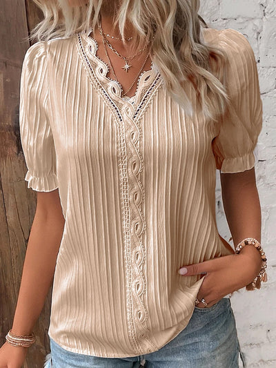 V Neck Lace Shirt Elegant Plain Stylish Women's Top