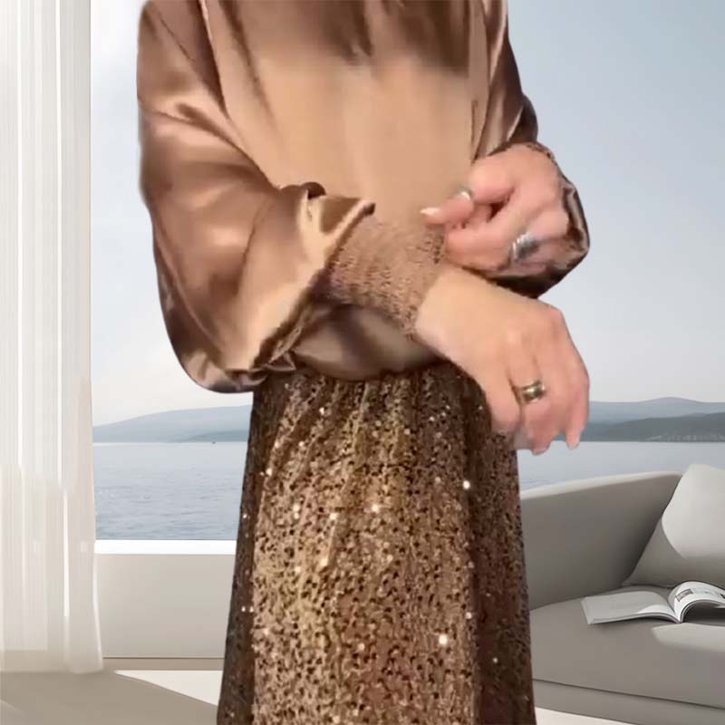 Women's Sequin Maxi Skirt Two-Piece Set Long Sleeve Top