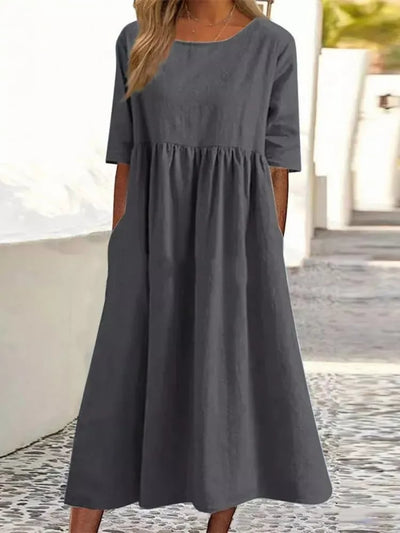 Women's Casual Cotton Dress Smocked Pocket Crew Neck Outdoor