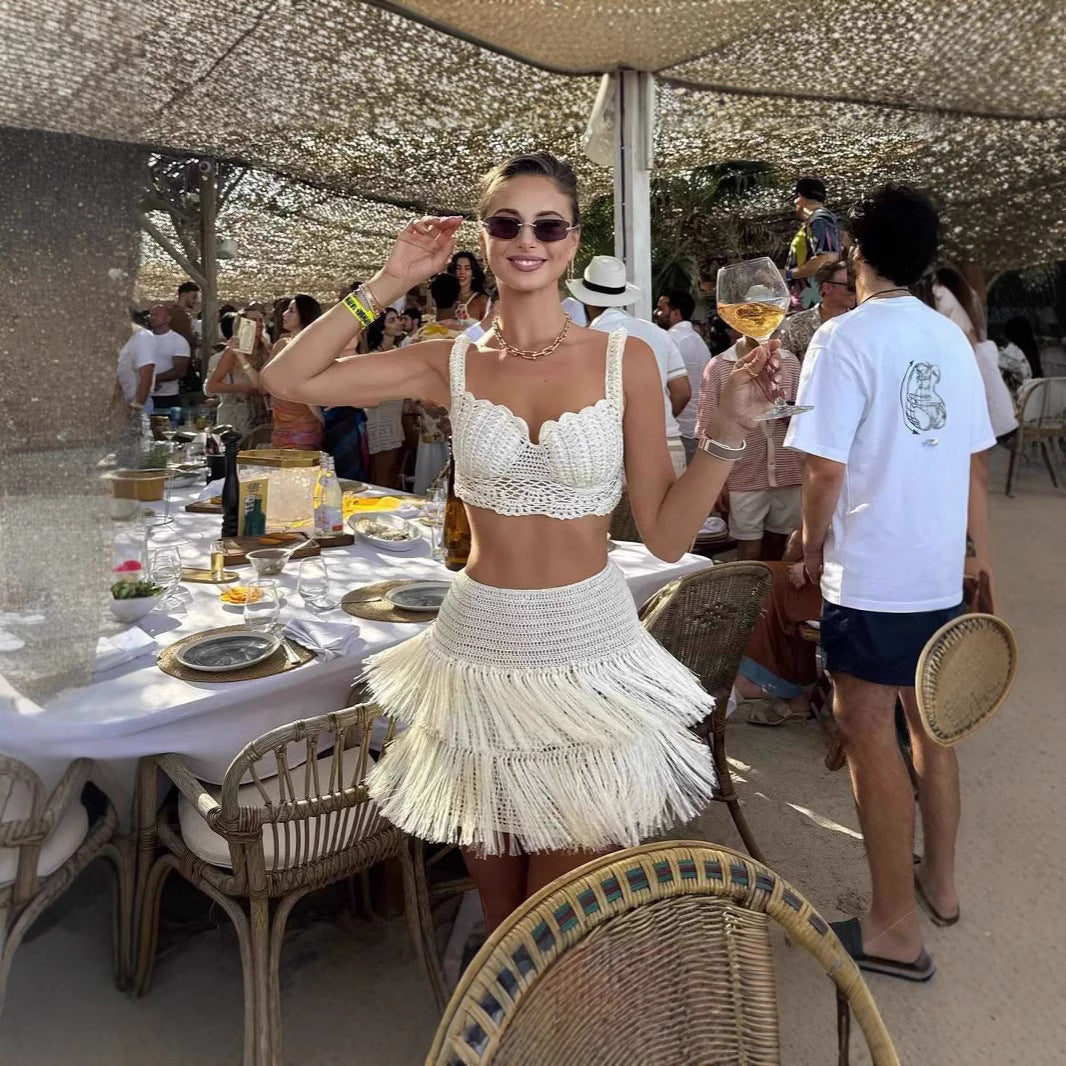 Tassel Hollow-out Two-piece Dress Set Vacation Style