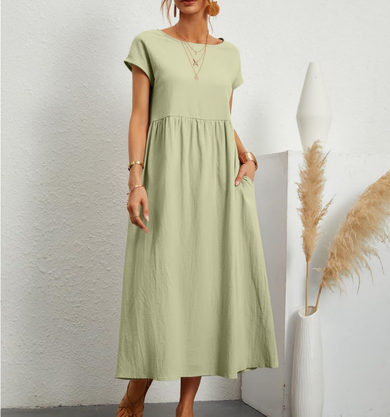 Cotton Linen Sleeveless Dress Loose Fit Solid Color With Pocket